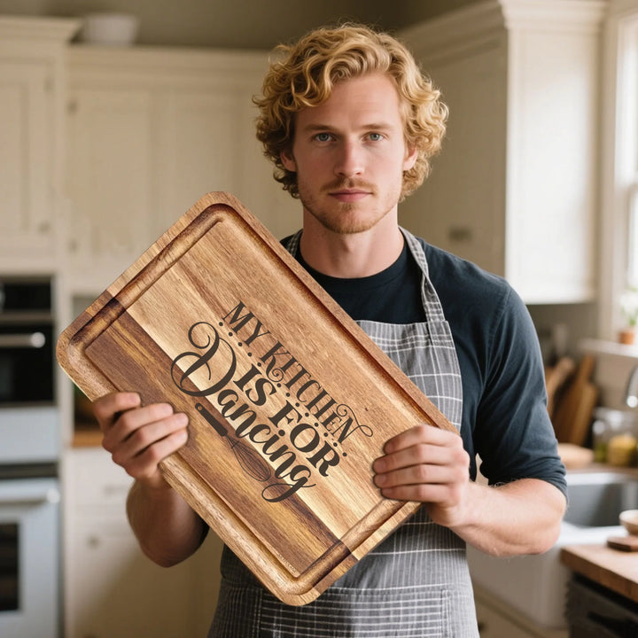 Man holding Engraved wooden cutting boards in brown, featuring custom kitchen quote designs by ARTFULANE