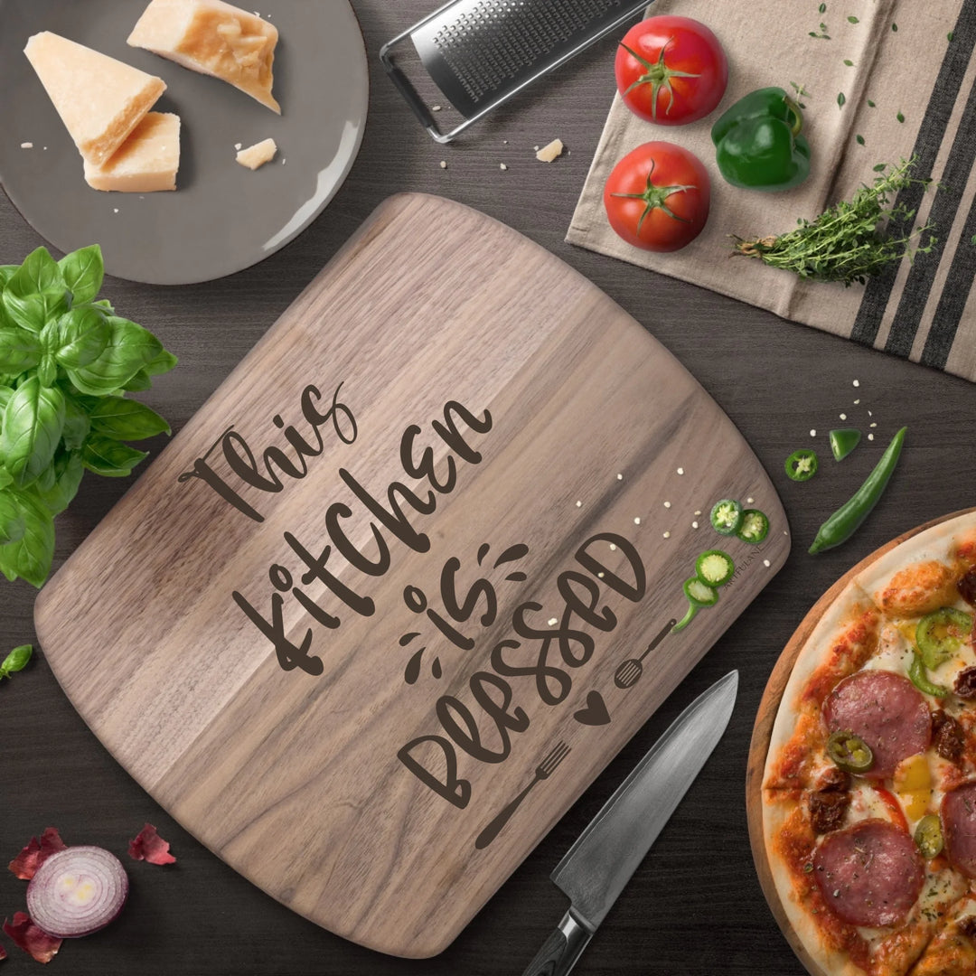 Engraved Walnut Hardwood Oval Cutting Board In Use - custom kitchen quote designs by ARTFULANE