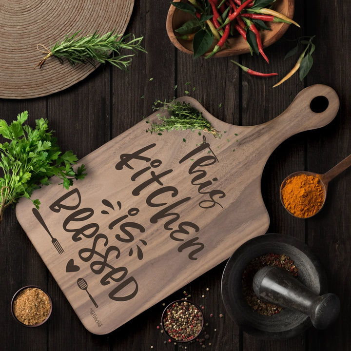 Engraved Kitchen Quotes Walnut Hardwood Paddle Cutting Board In Use - custom kitchen quote designs by ARTFULANE