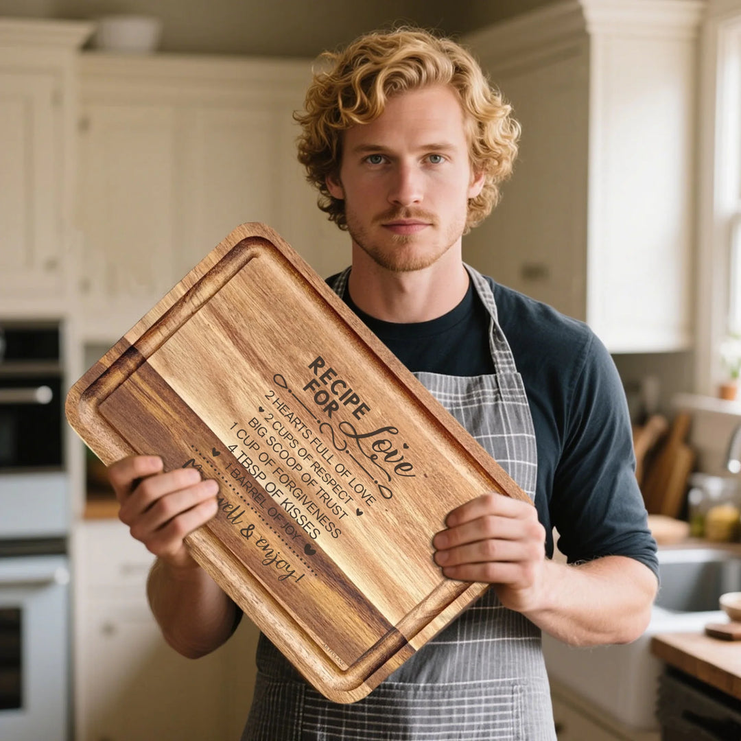 Man holding Engraved recipe cutting boards in natural brown, featuring 20 kitchen recipe designs by ARTFULANE