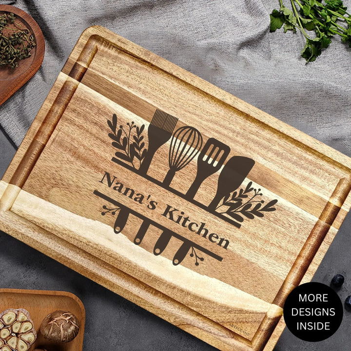 Custom kitchen monogram engraved cutting boards in walnut and maple hardwood, personalized with family names and utensil designs by ARTFULANE