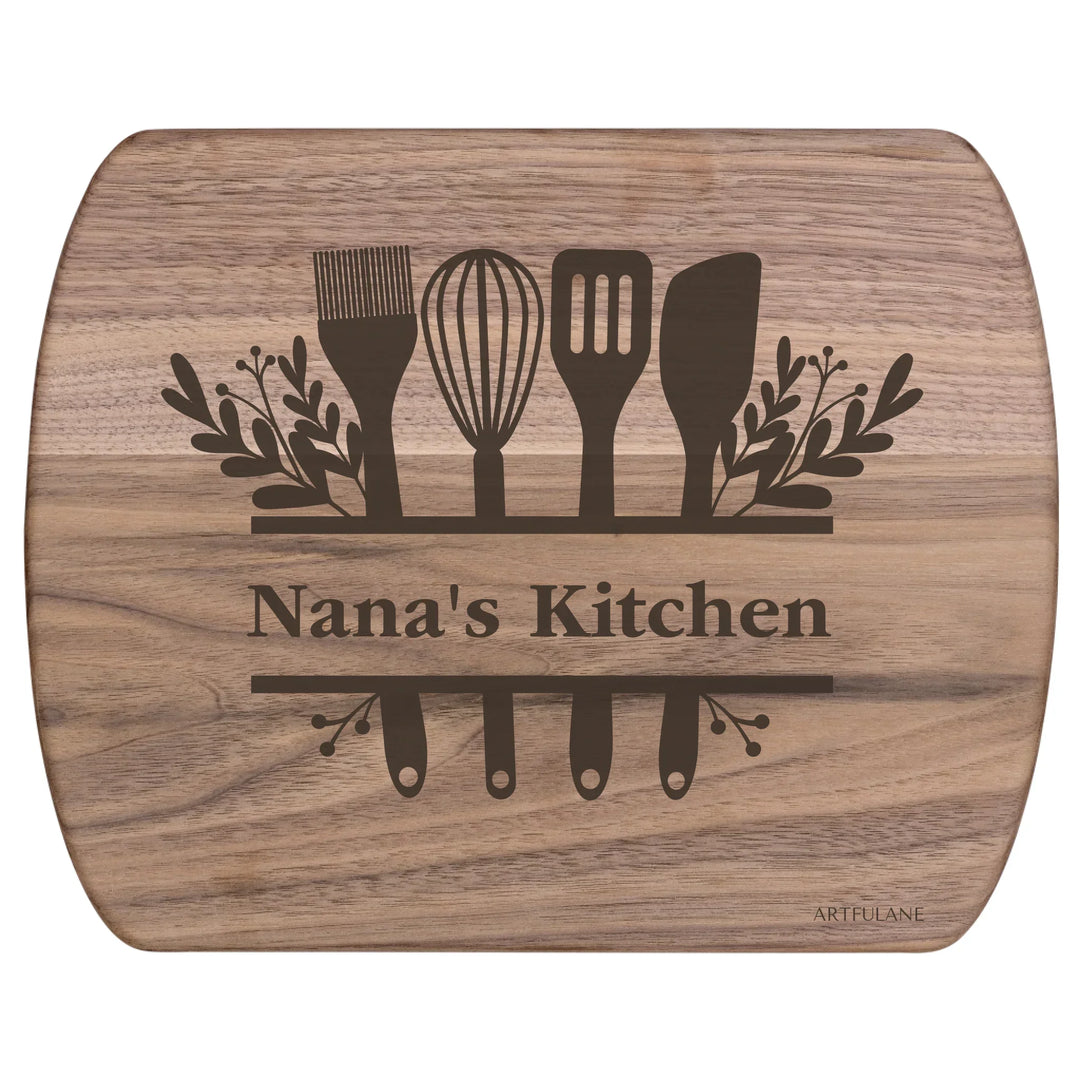 Custom kitchen monogram engraved cutting boards in walnut and maple hardwood, personalized with family names and utensil designs by ARTFULANE