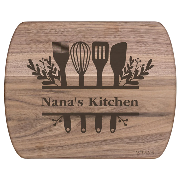 Custom kitchen monogram engraved cutting boards in walnut and maple hardwood, personalized with family names and utensil designs by ARTFULANE