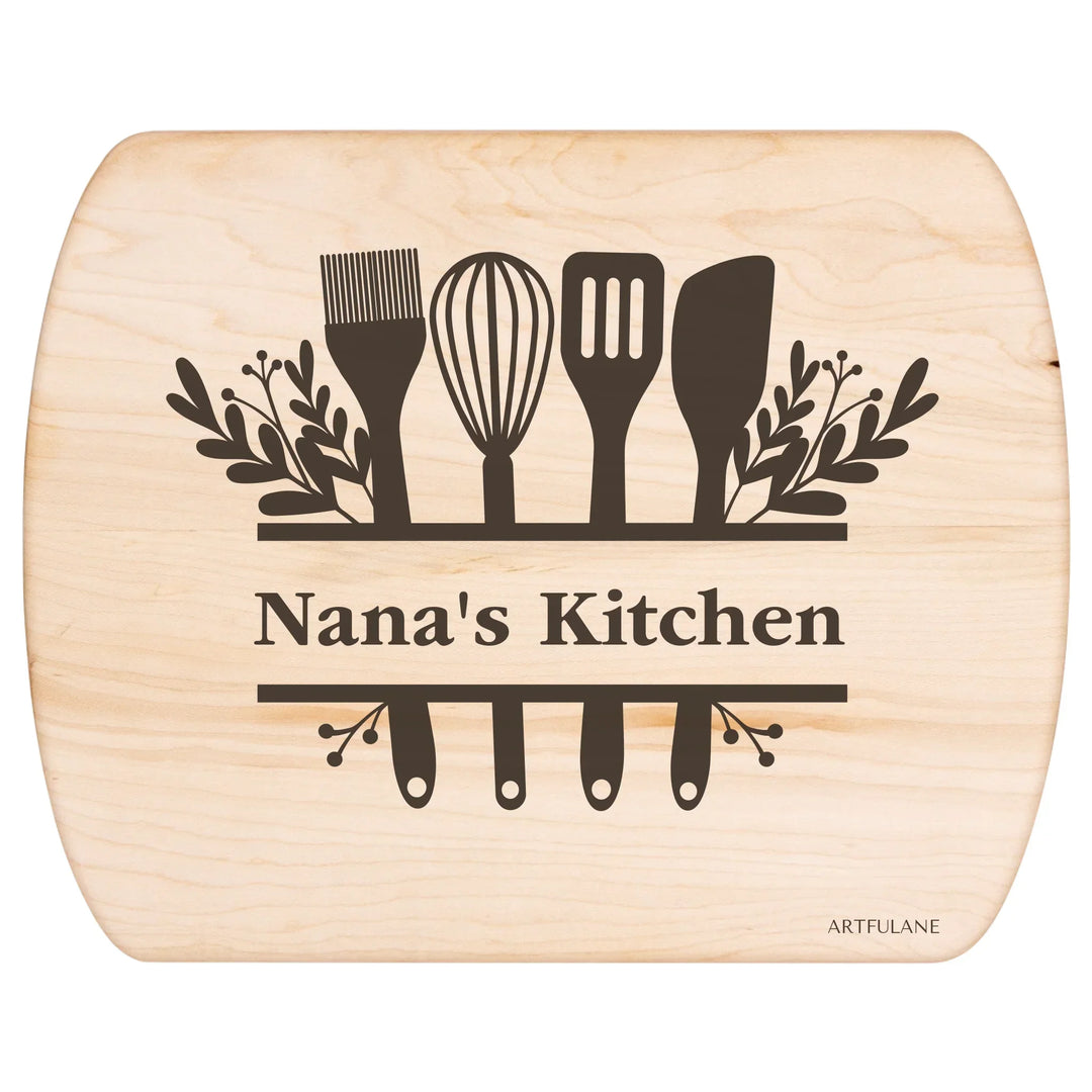 Custom kitchen monogram engraved cutting boards in walnut and maple hardwood, personalized with family names and utensil designs by ARTFULANE