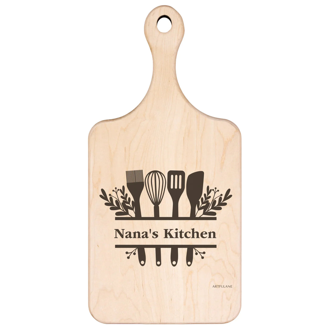 Custom kitchen monogram engraved cutting boards in walnut and maple hardwood, personalized with family names and utensil designs by ARTFULANE