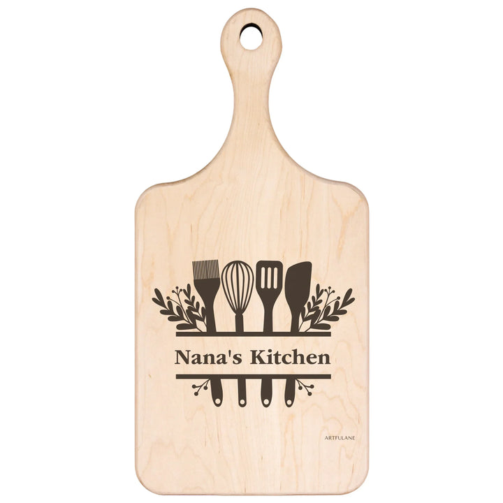 Custom kitchen monogram engraved cutting boards in walnut and maple hardwood, personalized with family names and utensil designs by ARTFULANE