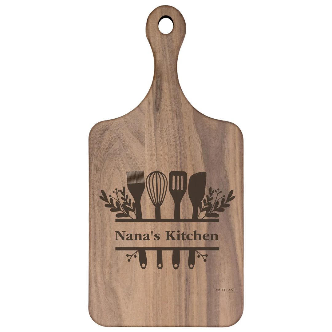 Custom kitchen monogram engraved cutting boards in walnut and maple hardwood, personalized with family names and utensil designs by ARTFULANE