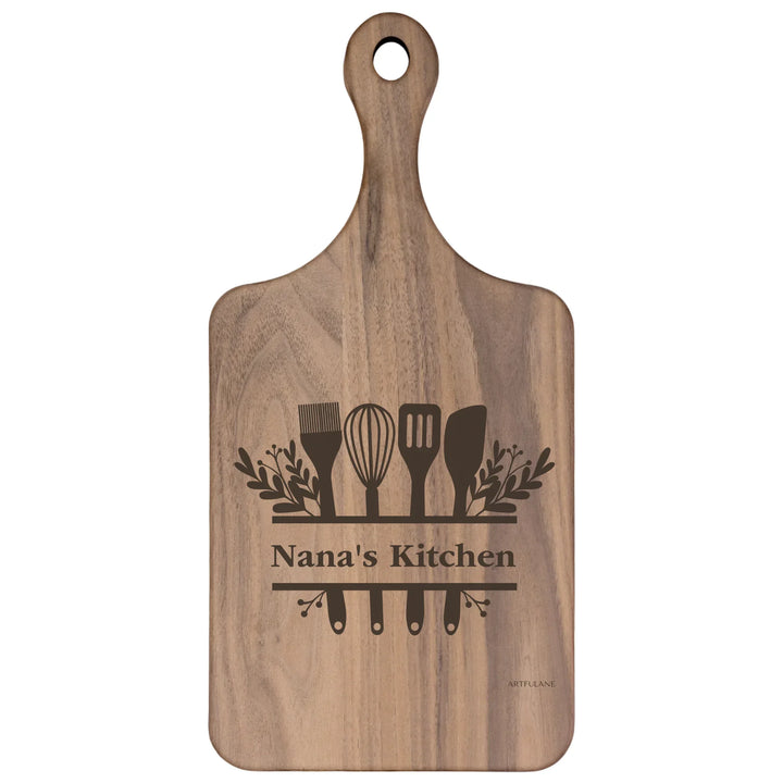 Custom kitchen monogram engraved cutting boards in walnut and maple hardwood, personalized with family names and utensil designs by ARTFULANE