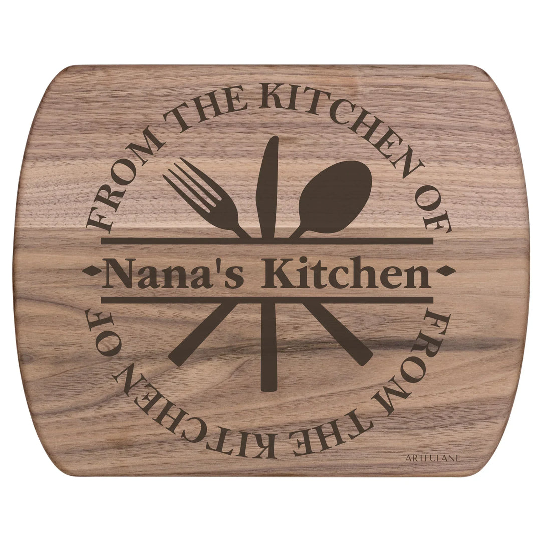Custom kitchen monogram engraved cutting boards featuring utensils, scrolls, and name designs in walnut and maple wood by ARTFULANE