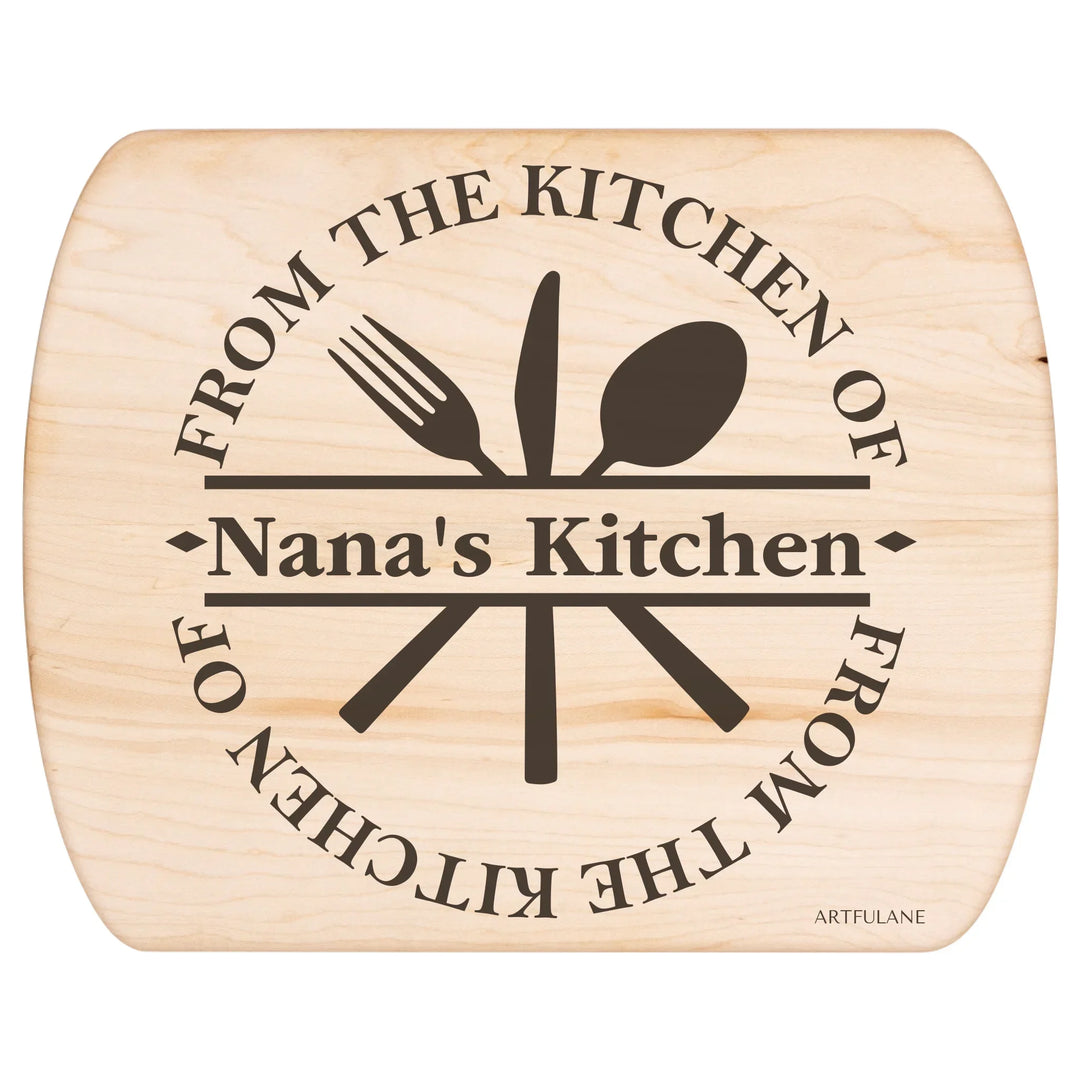 Custom kitchen monogram engraved cutting boards featuring utensils, scrolls, and name designs in walnut and maple wood by ARTFULANE