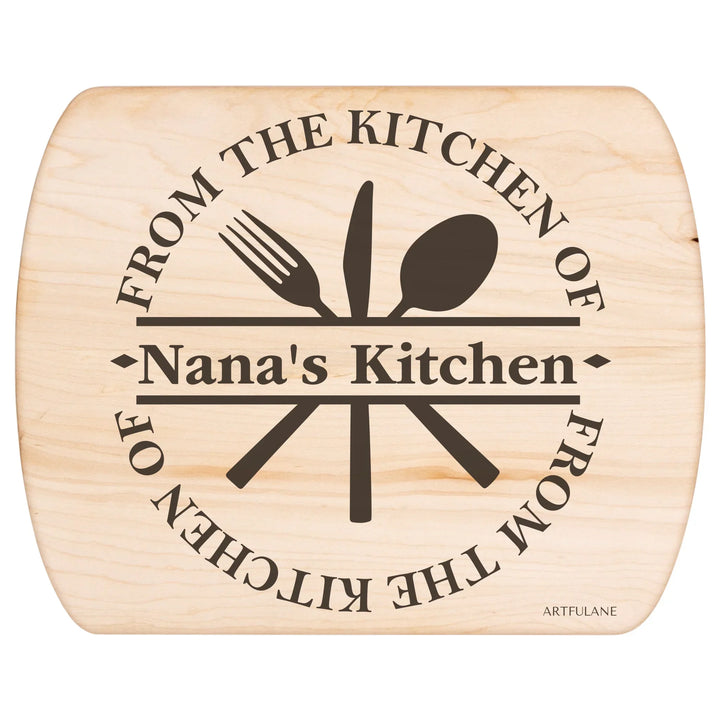 Custom kitchen monogram engraved cutting boards featuring utensils, scrolls, and name designs in walnut and maple wood by ARTFULANE