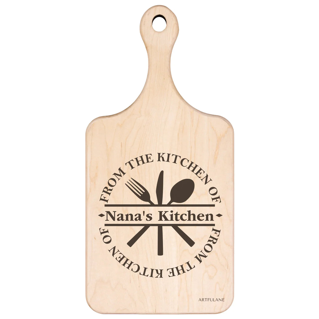Custom kitchen monogram engraved cutting boards featuring utensils, scrolls, and name designs in walnut and maple wood by ARTFULANE