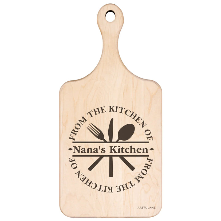 Custom kitchen monogram engraved cutting boards featuring utensils, scrolls, and name designs in walnut and maple wood by ARTFULANE
