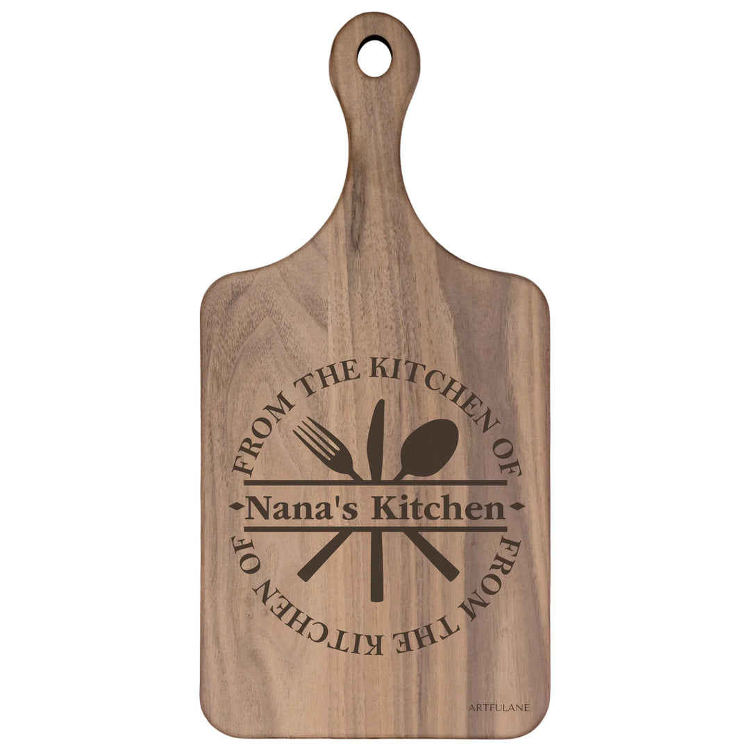 Custom kitchen monogram engraved cutting boards featuring utensils, scrolls, and name designs in walnut and maple wood by ARTFULANE