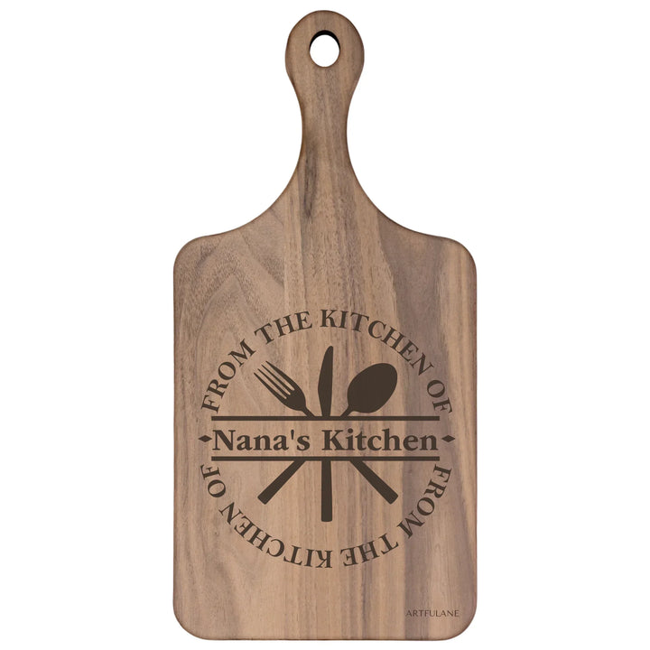 Custom kitchen monogram engraved cutting boards featuring utensils, scrolls, and name designs in walnut and maple wood by ARTFULANE