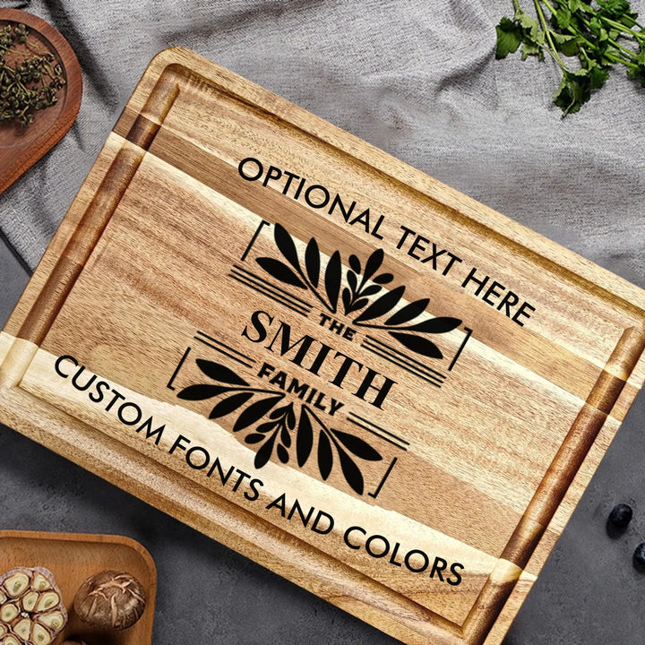 Personalized kitchen cutting board engraved with family monogram and optional top or bottom text, crafted from walnut and maple hardwood by ARTFULANE