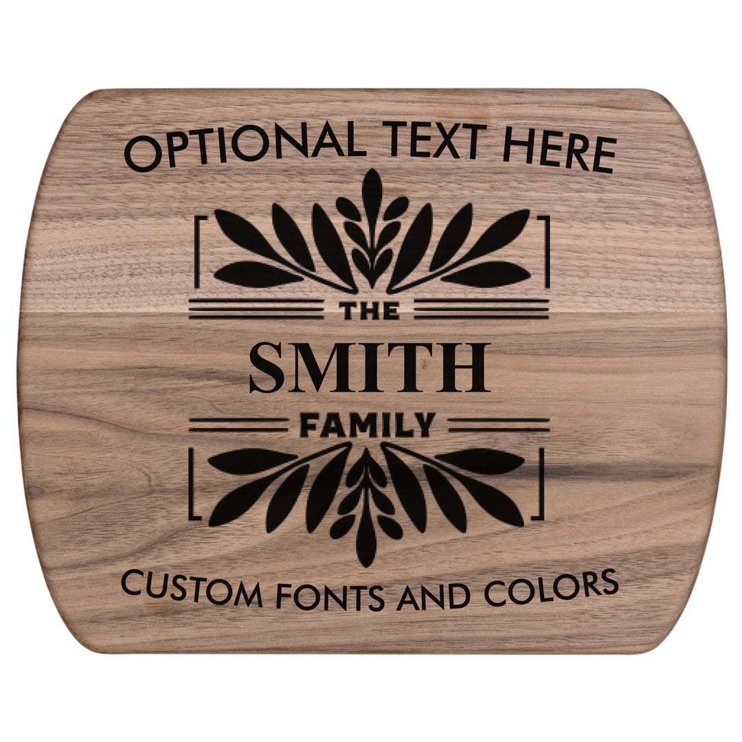 Personalized kitchen cutting board engraved with family monogram and optional top or bottom text, crafted from walnut and maple hardwood by ARTFULANE