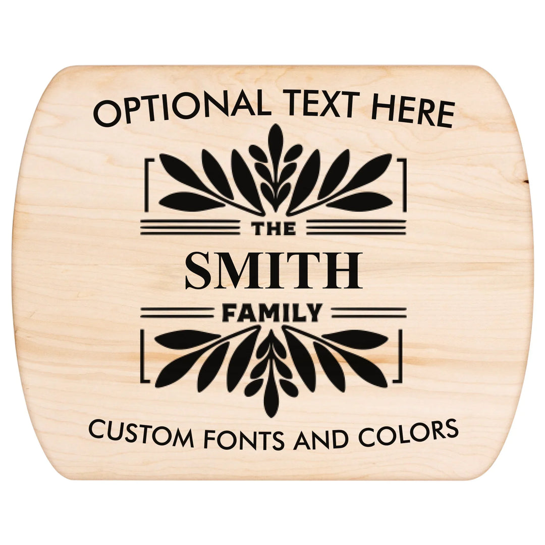 Personalized kitchen cutting board engraved with family monogram and optional top or bottom text, crafted from walnut and maple hardwood by ARTFULANE