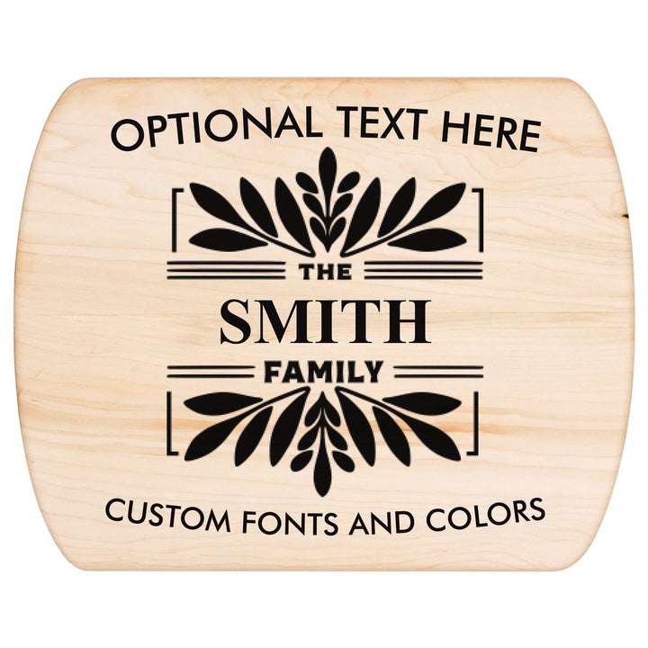 Personalized kitchen cutting board engraved with family monogram and optional top or bottom text, crafted from walnut and maple hardwood by ARTFULANE