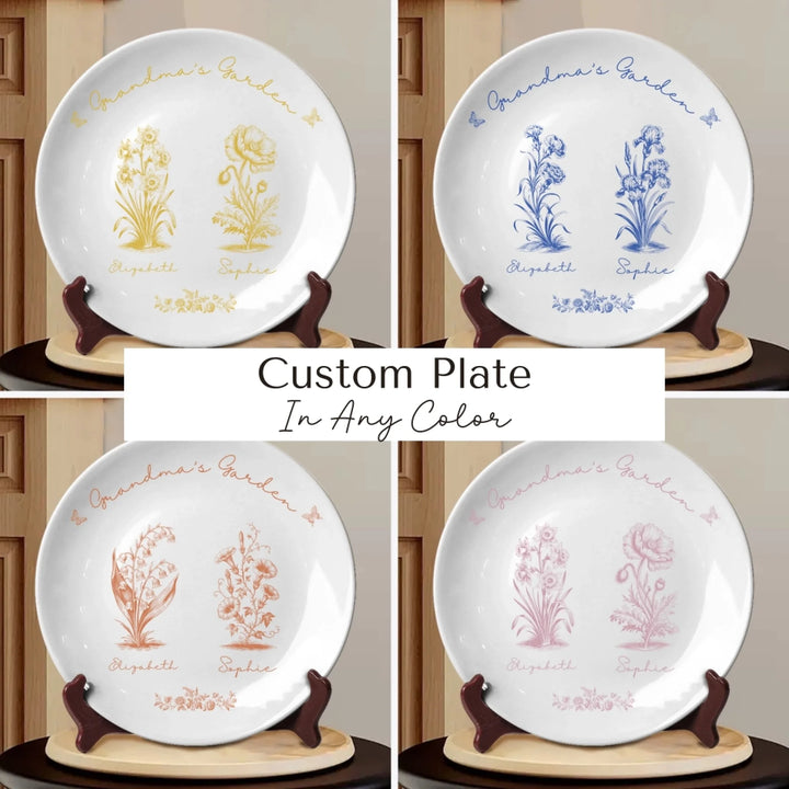 Custom toile birth flower ceramic plate with personalized title, names, butterflies, and floral motifs in any color, displayed on wooden stand-ARTFULANE