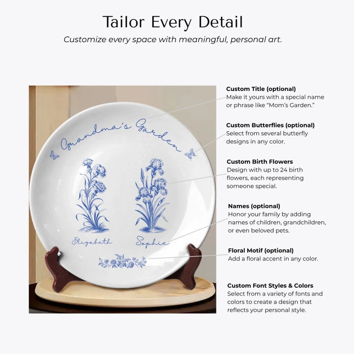 Customization Options of Custom toile birth flower ceramic plate with personalized title, names, butterflies, and floral motifs in any color, displayed on wooden stand-ARTFULANE