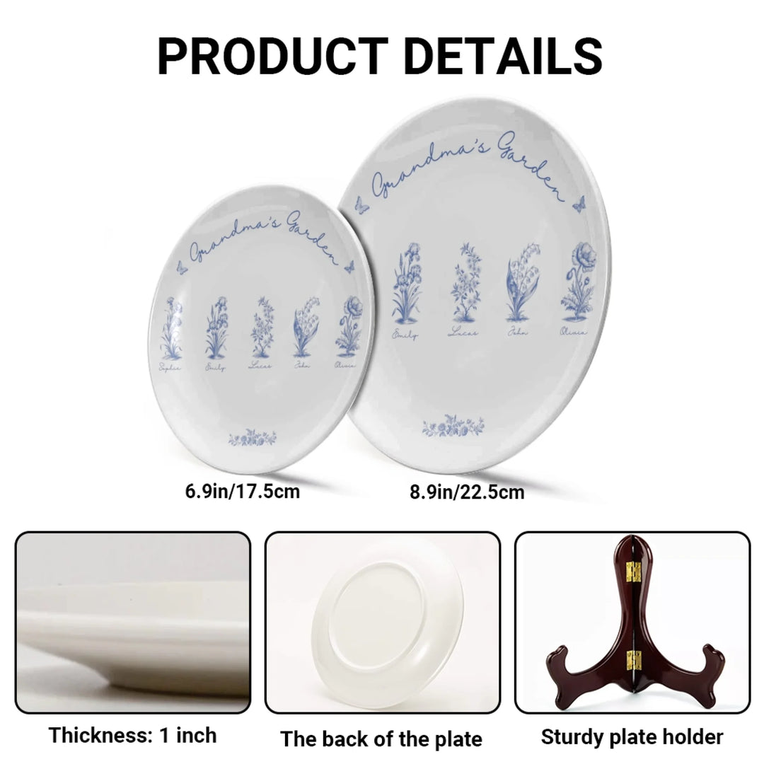 Product details of Custom toile birth flower ceramic plate with personalized title, names, butterflies, and floral motifs in any color, with wooden stand-ARTFULANE
