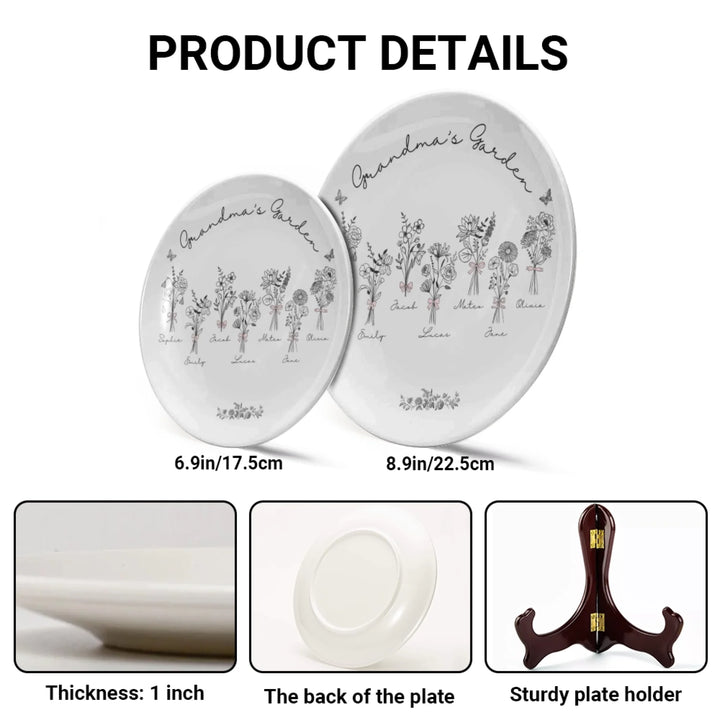 Product Details of Custom coquette birth flowers ceramic plate with stand featuring 12 delicate floral designs, personalized names, and custom title in any color by ARTFULANE
