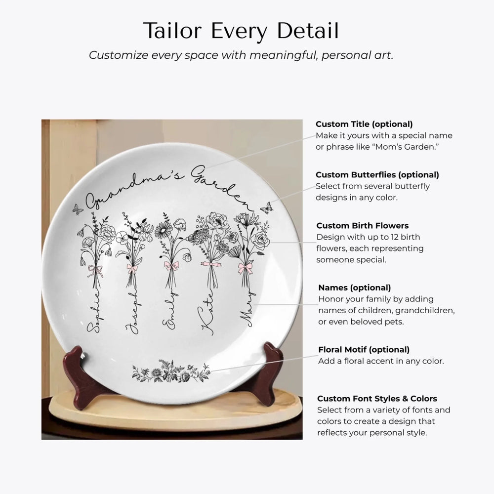 Customization Options of Custom Coquette birth month flowers ceramic plate with stand featuring delicate floral line art, custom family names, and optional butterflies, available in any color by ARTFULANE