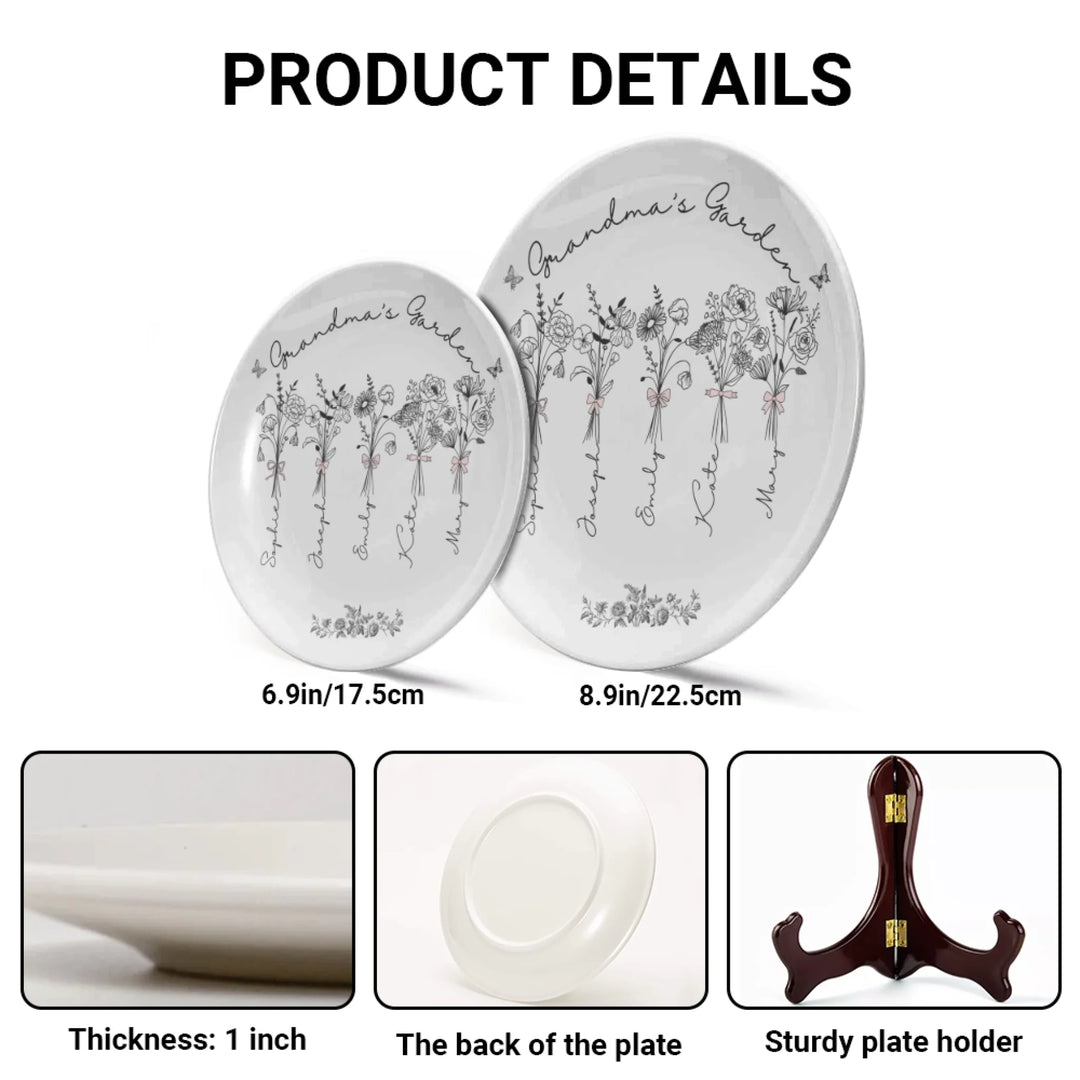 Product Details of Custom Coquette birth month flowers ceramic plate with stand featuring delicate floral line art, custom family names, and optional butterflies, available in any color by ARTFULANE