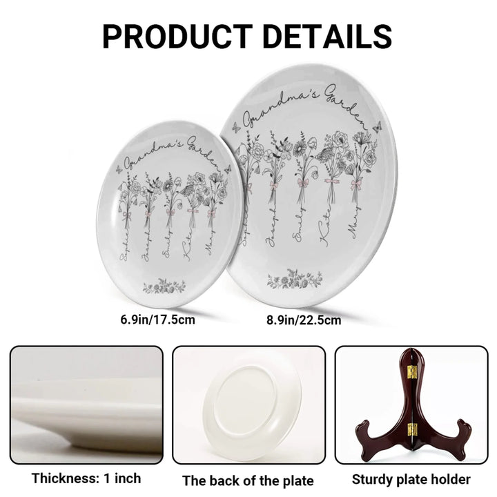 Product Details of Custom Coquette birth month flowers ceramic plate with stand featuring delicate floral line art, custom family names, and optional butterflies, available in any color by ARTFULANE