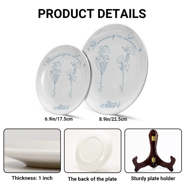 Product details - Custom line art birth month flowers ceramic plate with stand featuring names attached to floral stems in any color by ARTFULANE