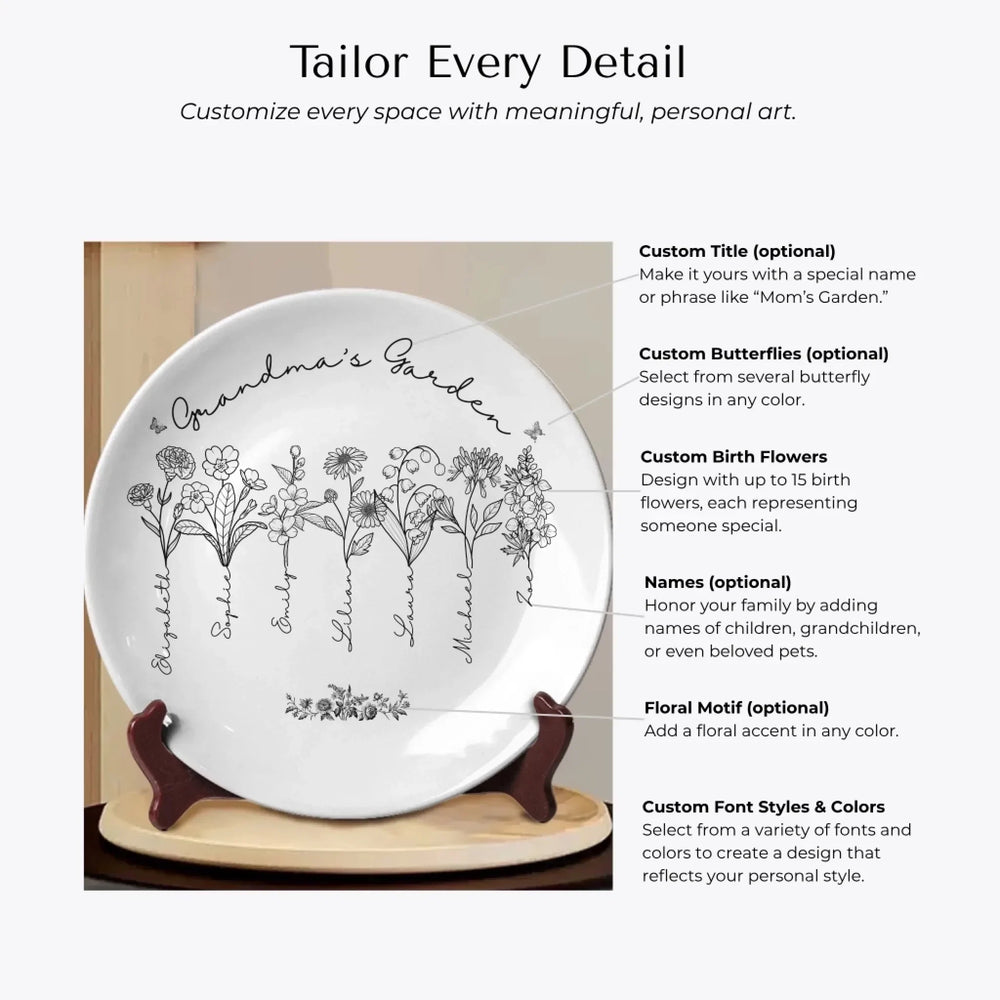 Customization Options of Custom line art birth month flowers ceramic plate with stand featuring names attached to floral stems in any color by ARTFULANE