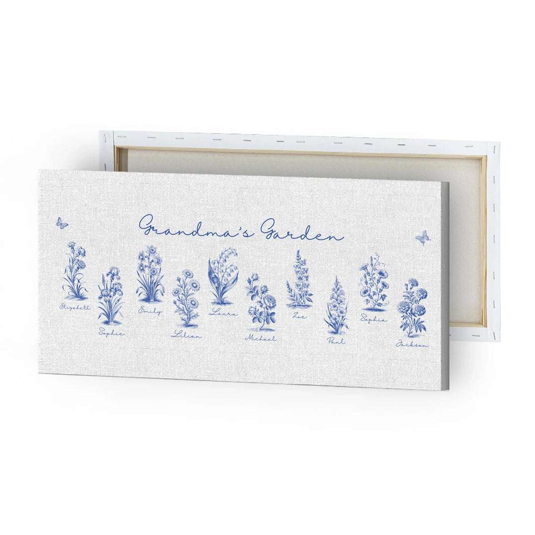 Personalized Toile Birth Month Flower Wall Art on unframed canvas, featuring custom names, butterflies, and flowers in any color option-ARTFULANE