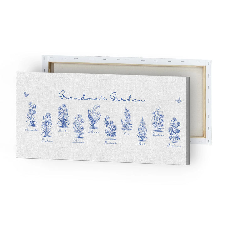 Personalized Toile Birth Month Flower Wall Art on unframed canvas, featuring custom names, butterflies, and flowers in any color option-ARTFULANE