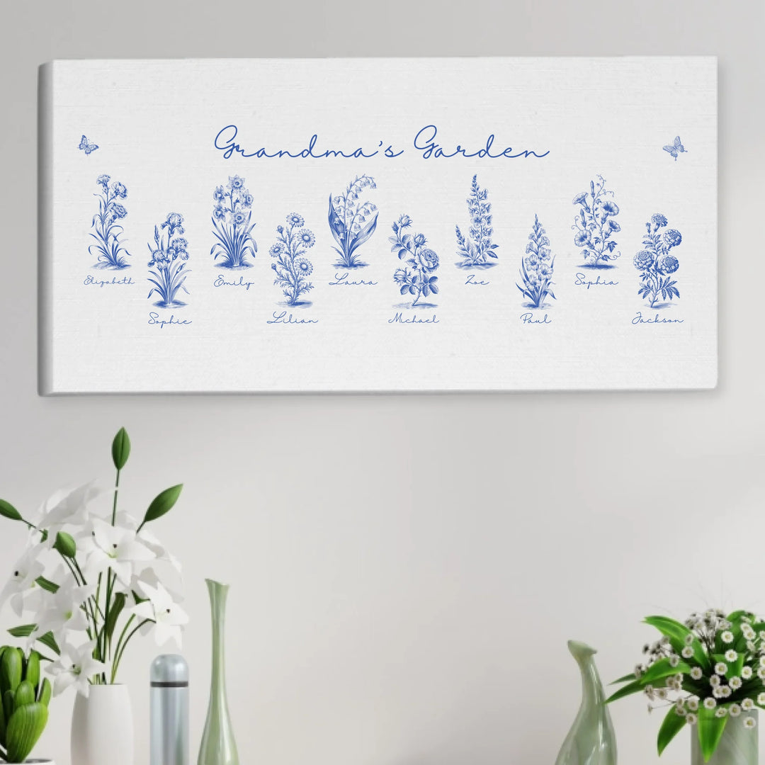 Personalized Toile Birth Month Flower Wall Art on unframed canvas, featuring custom names, butterflies, and flowers in any color option-ARTFULANE