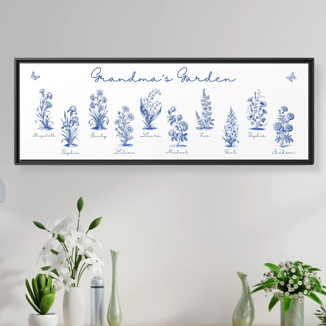 Personalized Toile Birth Month Flower Wall Art on framed canvas, featuring custom names, butterflies, and flowers in any color option-ARTFULANE