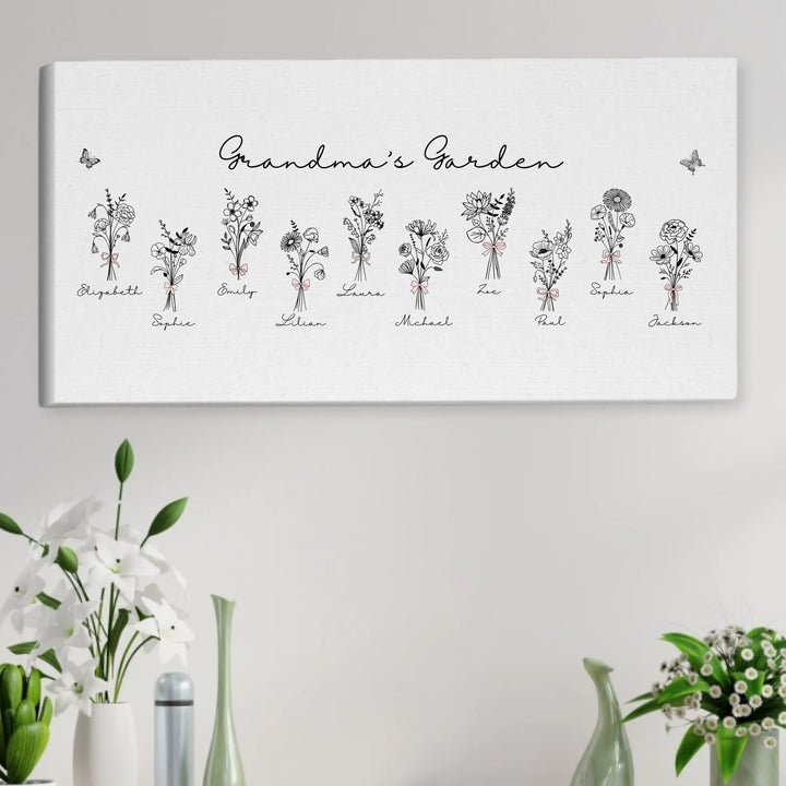 Personalized Coquette Birth Month Flower Bouquets Wall Art in any color line art, featuring custom names, butterflies, and color options-ARTFULANE