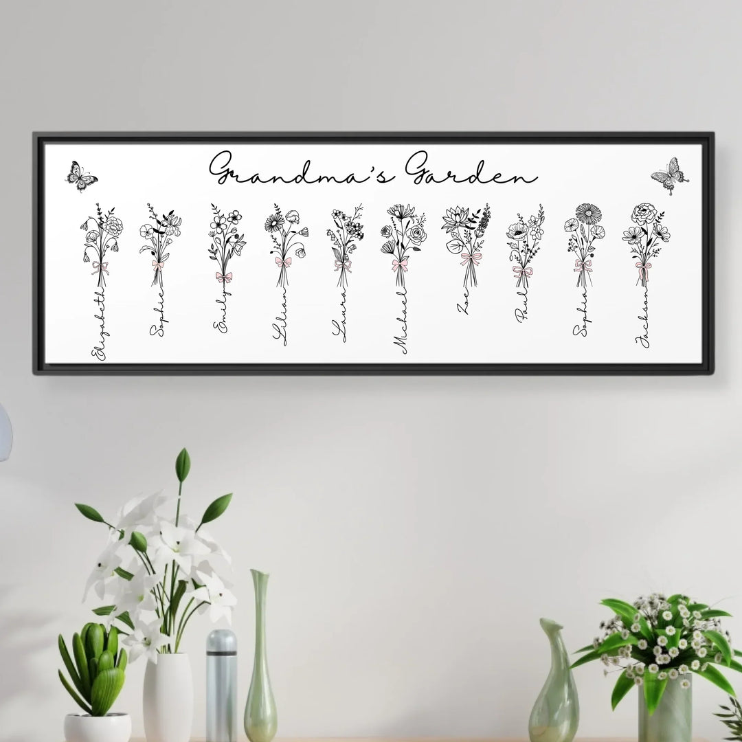 Personalized Coquette Birth Month Flower Bouquets Wall Art in any color line art with custom names, butterflies, and color options on framed canvas-ARTFULANE