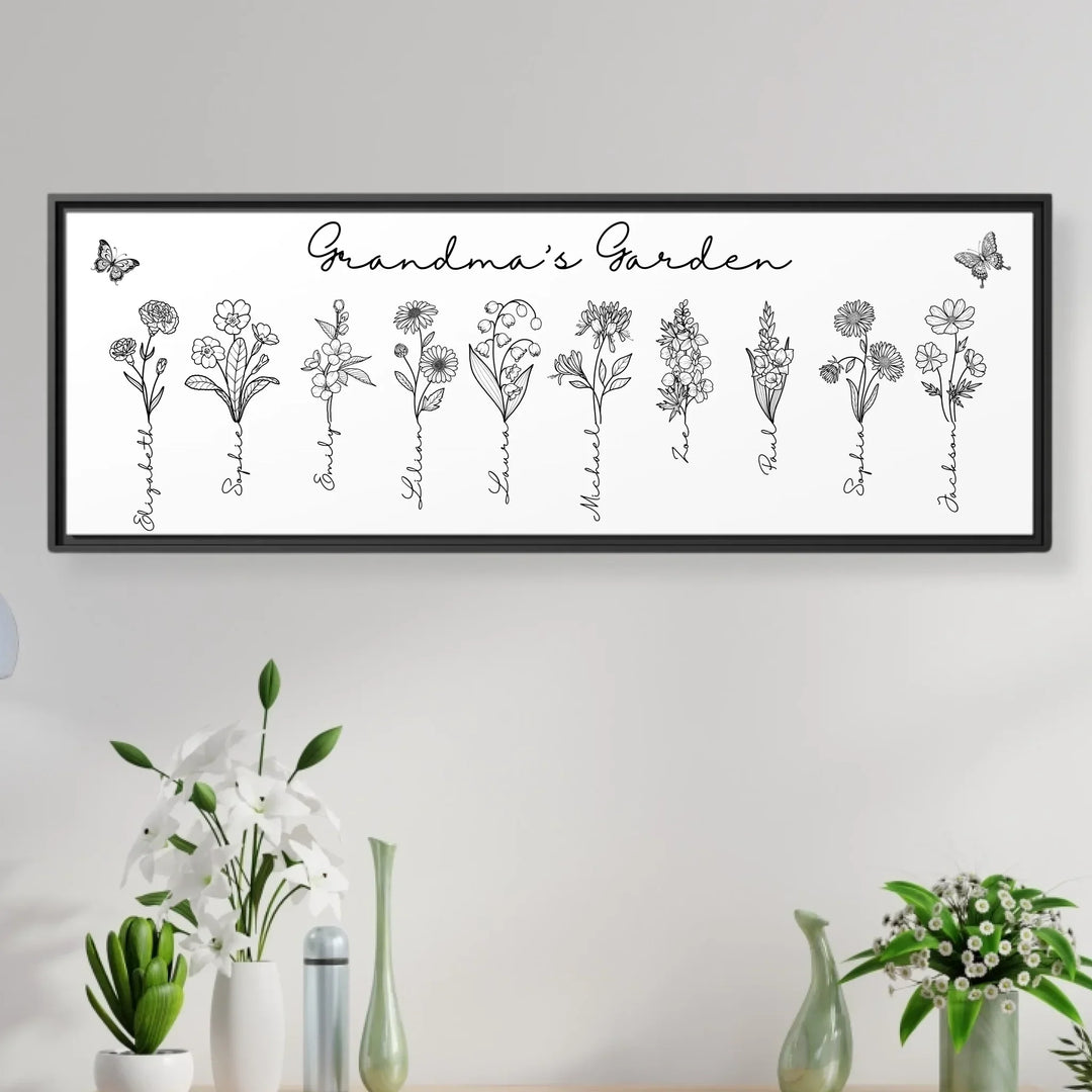 Personalized Birth Month Flowers Wall Art in any color line art with custom names, butterflies, and color options on framed canvas-ARTFULANE