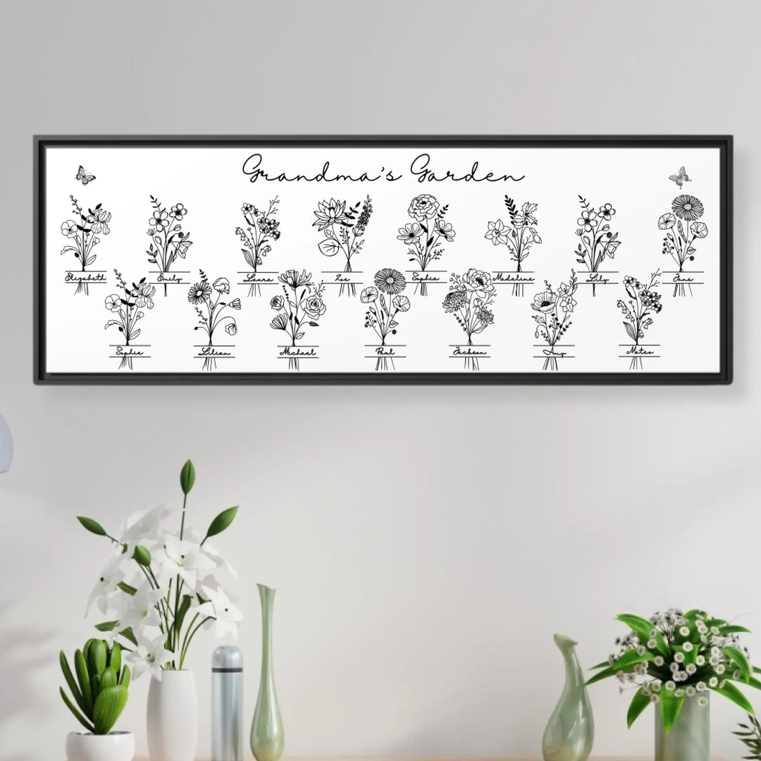 Personalized Monogram Birth Month Flower Bouquets Wall Art in any color line art, featuring custom monogram, names, and color options-ARTFULANE