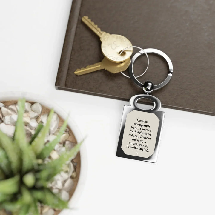 Rectangle Photo Keyring on table-Custom message, fonts, and colors-ARTFULANE