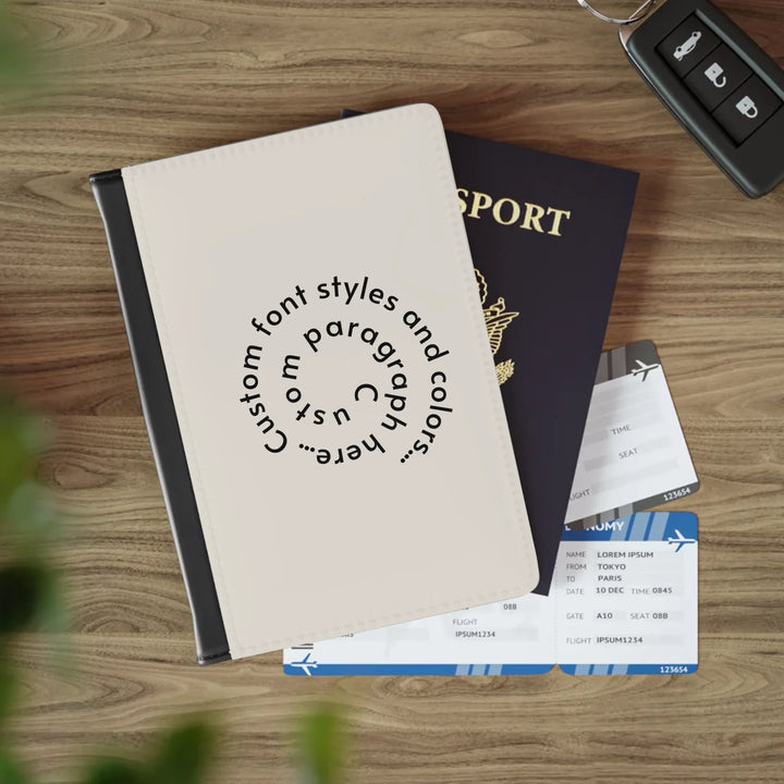 Passport Cover on table--Custom spiral text, fonts, and colors-ARTFULANE