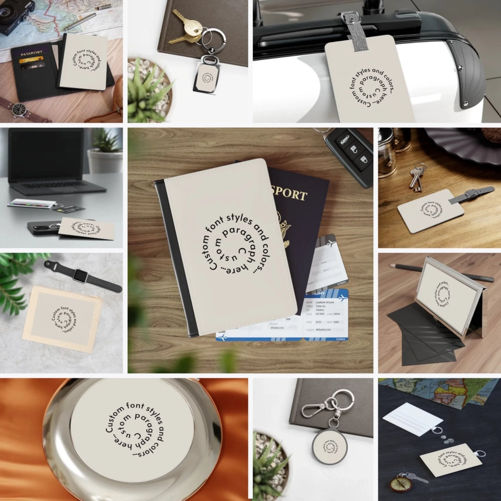 Custom Spiral Text Travel Accessories Set Collection– Personalized Passport Cover, Luggage Tags, Card Holder, Pouches, Travel Mirror & More - ARTFULANE