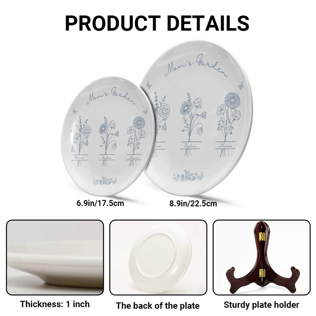 Product Details of Custom Monogram birth flower line art ceramic plate with stand in any color featuring minimalist floral designs and custom family names by ARTFULANE