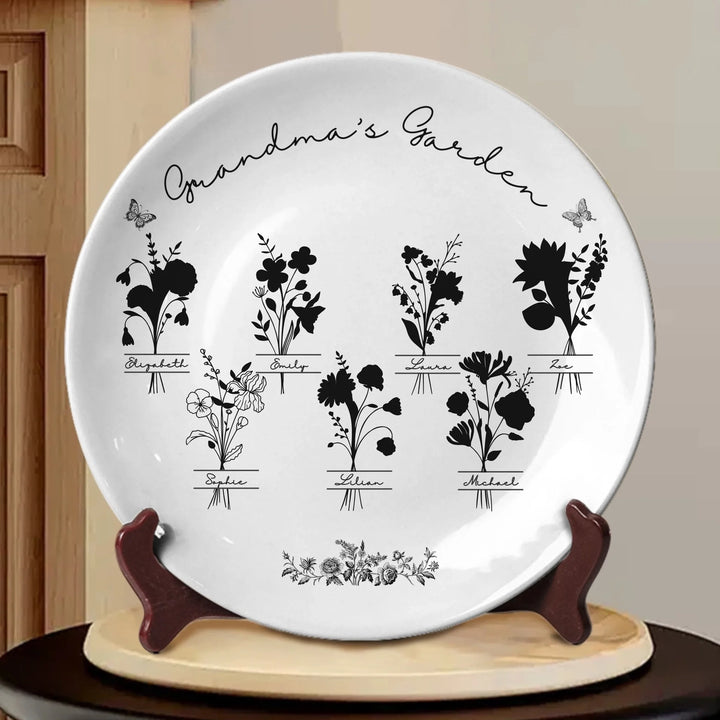 Custom Monogram birth flower line art ceramic plate with stand in any color featuring minimalist floral designs and custom family names by ARTFULANE