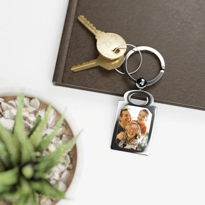 Rectangle Photo Keyring on table-Custom photo, text, fonts, and colors-ARTFULANE