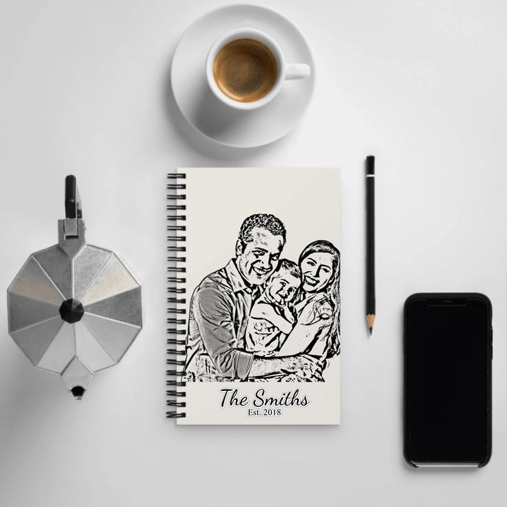 Custom Photo Stationery Accessories – Personalized Spiral Notebook with Family Portrait Sketch Design by ARTFULANE