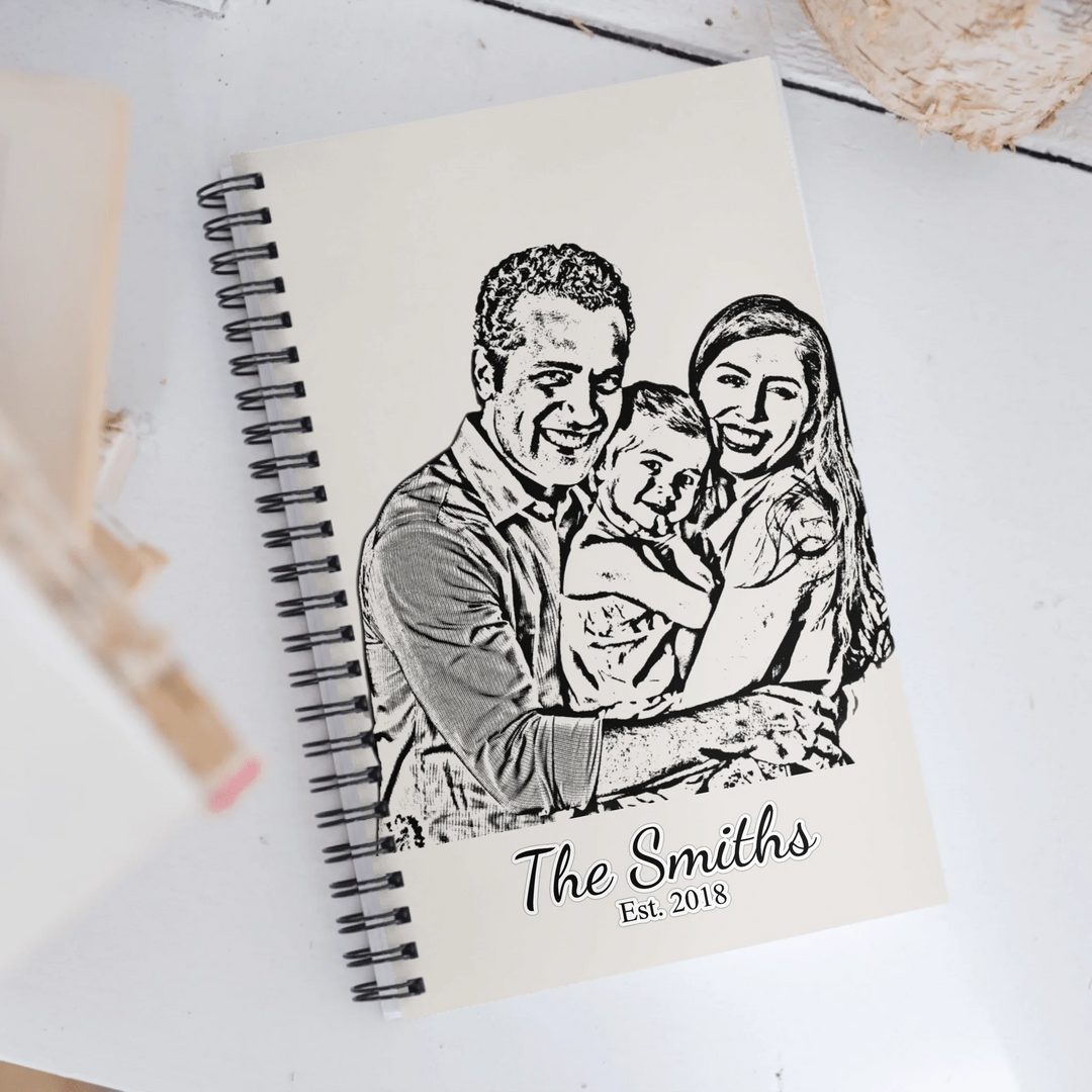 Custom Photo Stationery Accessories – Personalized Spiral Notebook with Family Portrait Sketch Design by ARTFULANE