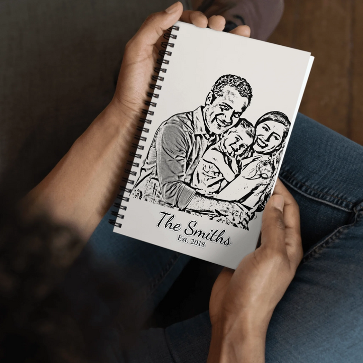 Custom Photo Stationery Accessories – Personalized Spiral Notebook with Family Portrait Sketch Design by ARTFULANE