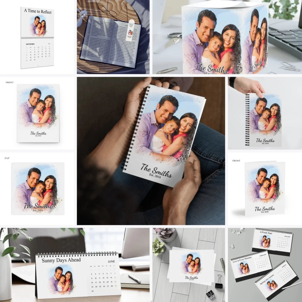 Custom Watercolor Border Photo Stationery Accessories - Spiral Notebook, Hardcover Journal, Post-it Note Pads, Note Cube, Bookmark, Greeting Cards, Postcards, Wall and Desktop Calendars - ARTFULANE